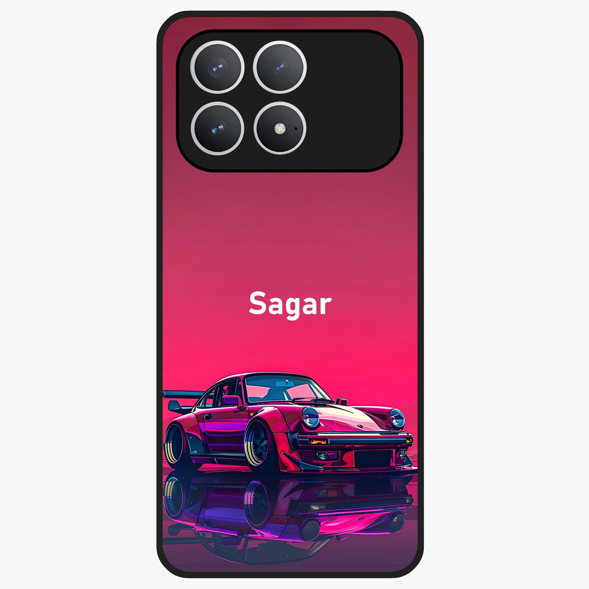 Neon Pink Porsche Glass Case showing flat back view with stylish sports car artwork and glossy glass finish.