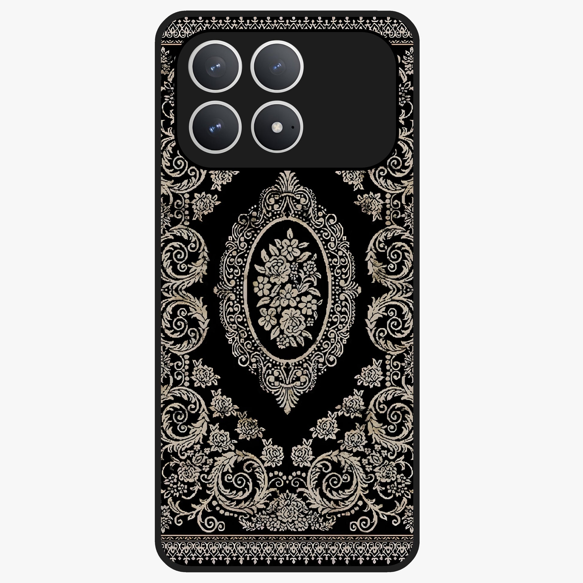Noir Bloom Elegance Glass Case showing flat back view with elegant dark floral artwork and glossy glass finish.
