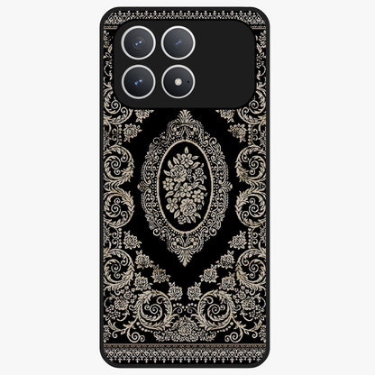 Noir Bloom Elegance Glass Case showing flat back view with elegant dark floral artwork and glossy glass finish.