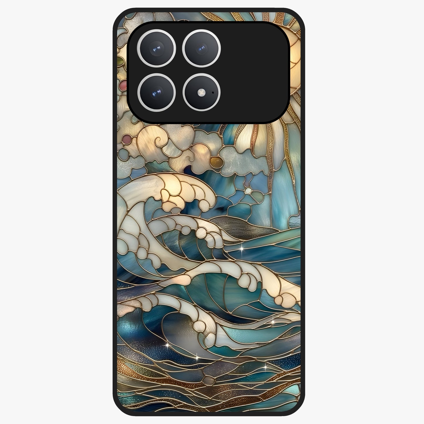 Oceanic Stained Printed Glass Case showing flat back view with ocean inspired stained pattern artwork and glossy glass finish.