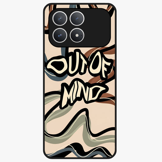 Out Of Mind Glass Case showing flat back view with expressive typography artwork and glossy glass finish.