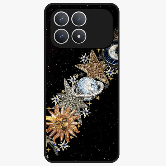 Pearls Universe Object Glass Case showing flat back view with pearl inspired cosmic artwork and glossy glass finish.