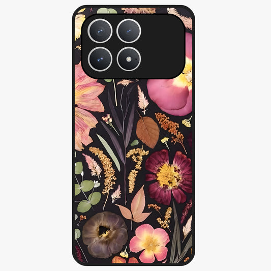 Petal Dream Tapestry Glass Case showing flat back view with intricate floral tapestry artwork and glossy glass finish.
