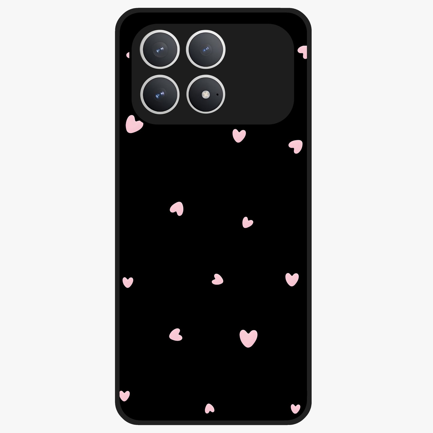Pink Love Drops Glass Case showing flat back view with playful pink heart drops artwork and glossy glass finish.