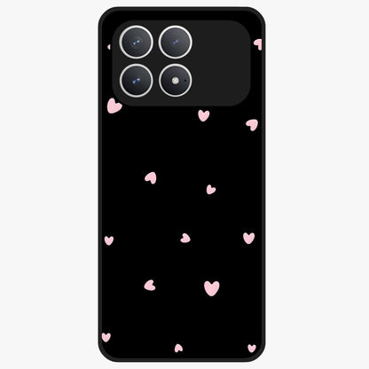 Pink Love Drops Glass Case showing flat back view with playful pink heart drops artwork and glossy glass finish.