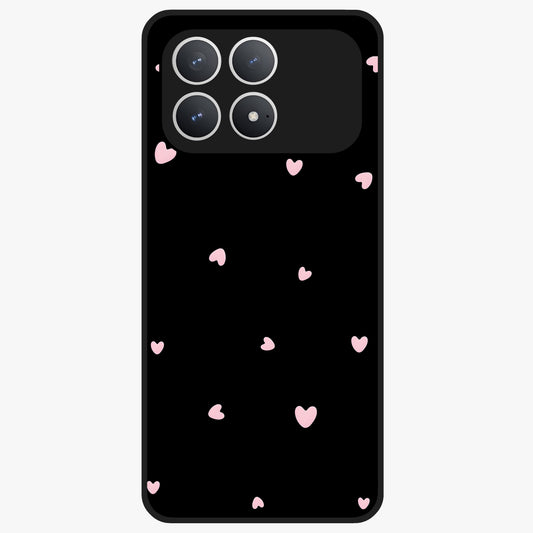 Pink Love Drops Glass Case showing flat back view with playful pink heart drops artwork and glossy glass finish.