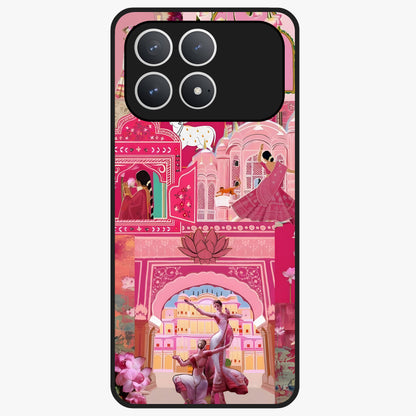 Pink Palace Muse Glass Case showing flat back view with elegant palace inspired artwork and glossy glass finish.