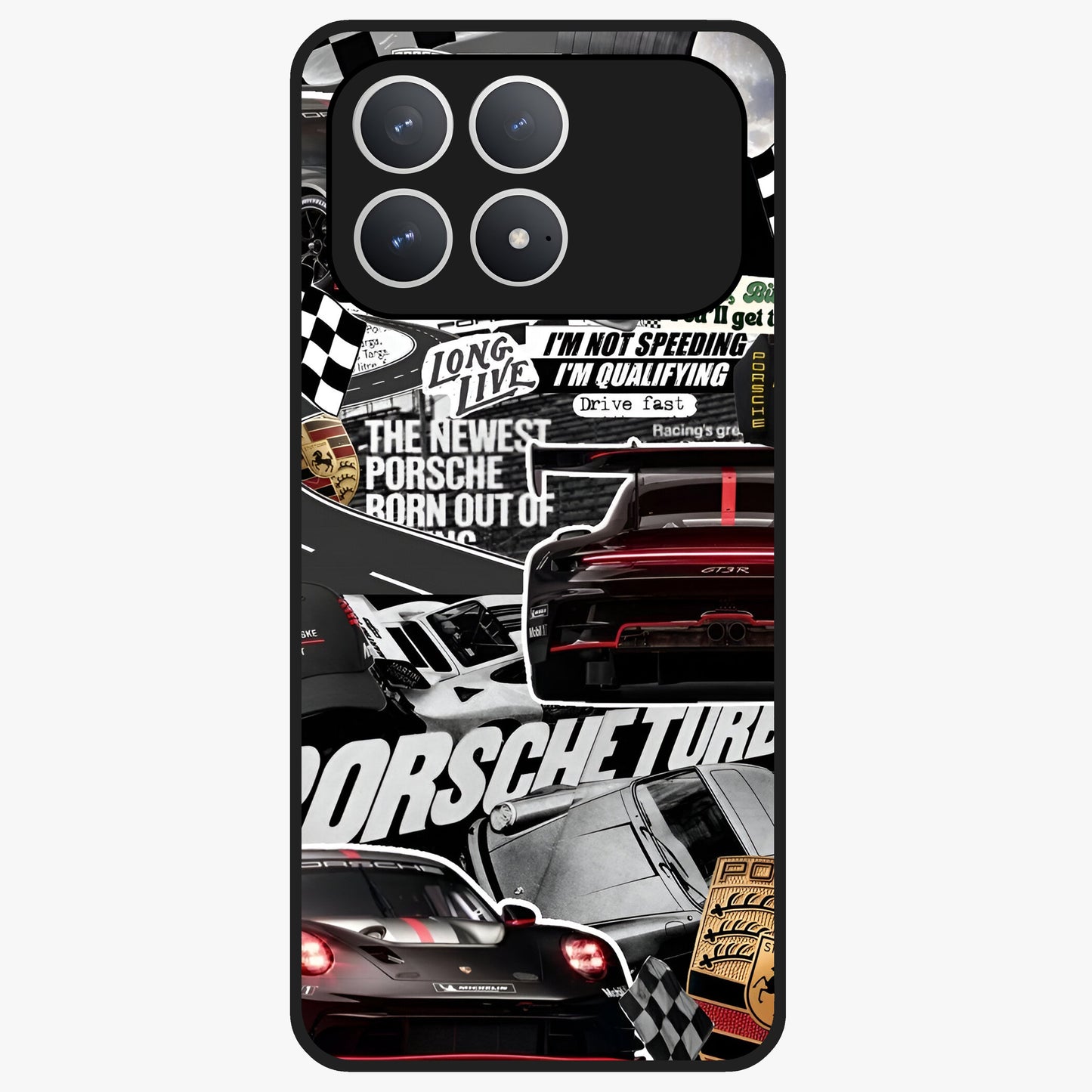 Porsche Racing Collage Glass Case showing flat back view with sports car racing collage artwork and glossy glass finish.