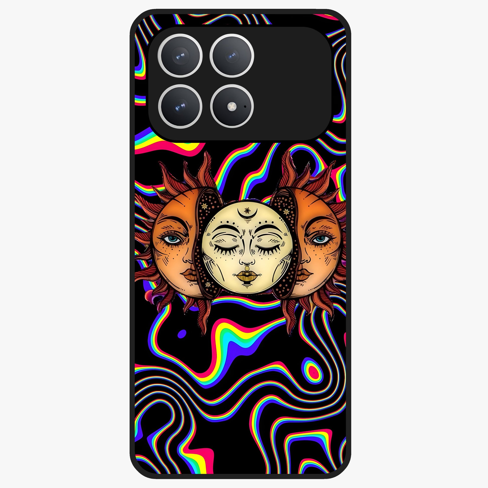 Psychedelic Sun Glass Case showing flat back view with colorful psychedelic sun artwork and glossy glass finish.