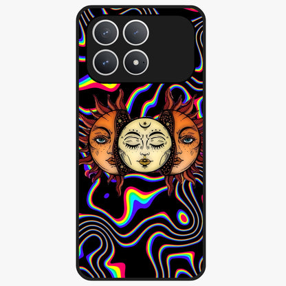 Psychedelic Sun Glass Case showing flat back view with colorful psychedelic sun artwork and glossy glass finish.