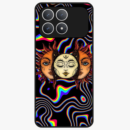Psychedelic Sun Glass Case showing flat back view with colorful psychedelic sun artwork and glossy glass finish.