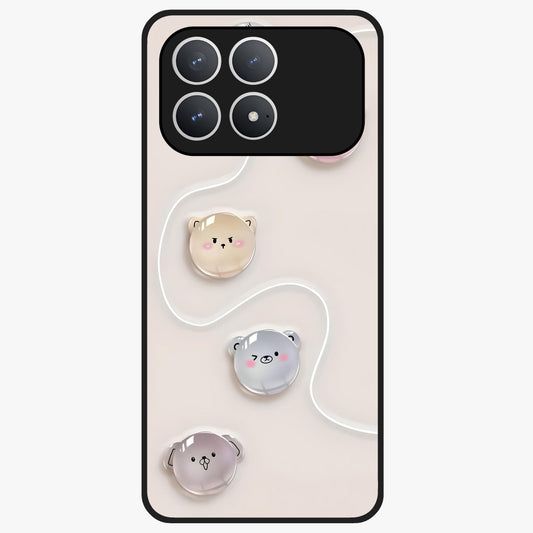 Puffy Face Parade Glass Case showing flat back view with cute puffy character faces artwork and glossy glass finish.