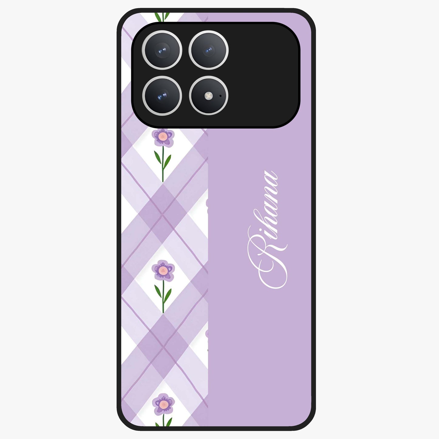 Purple Diamond Floral Glass Case showing flat back view with diamond shaped floral artwork and glossy glass finish.