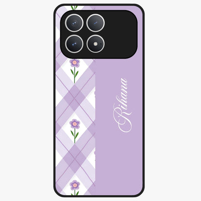 Purple Diamond Floral Glass Case showing flat back view with diamond shaped floral artwork and glossy glass finish.