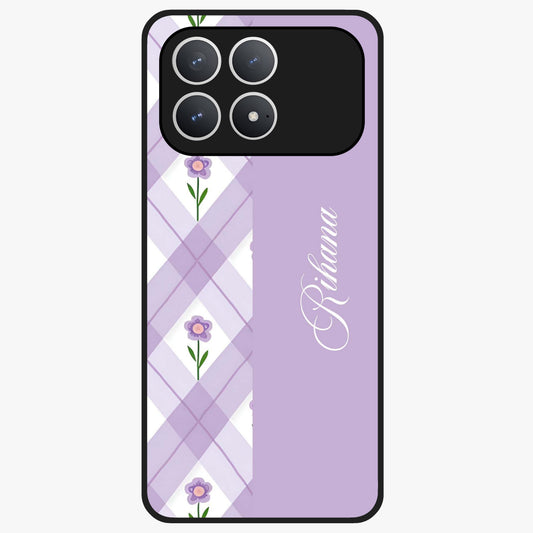 Purple Diamond Floral Glass Case showing flat back view with diamond shaped floral artwork and glossy glass finish.