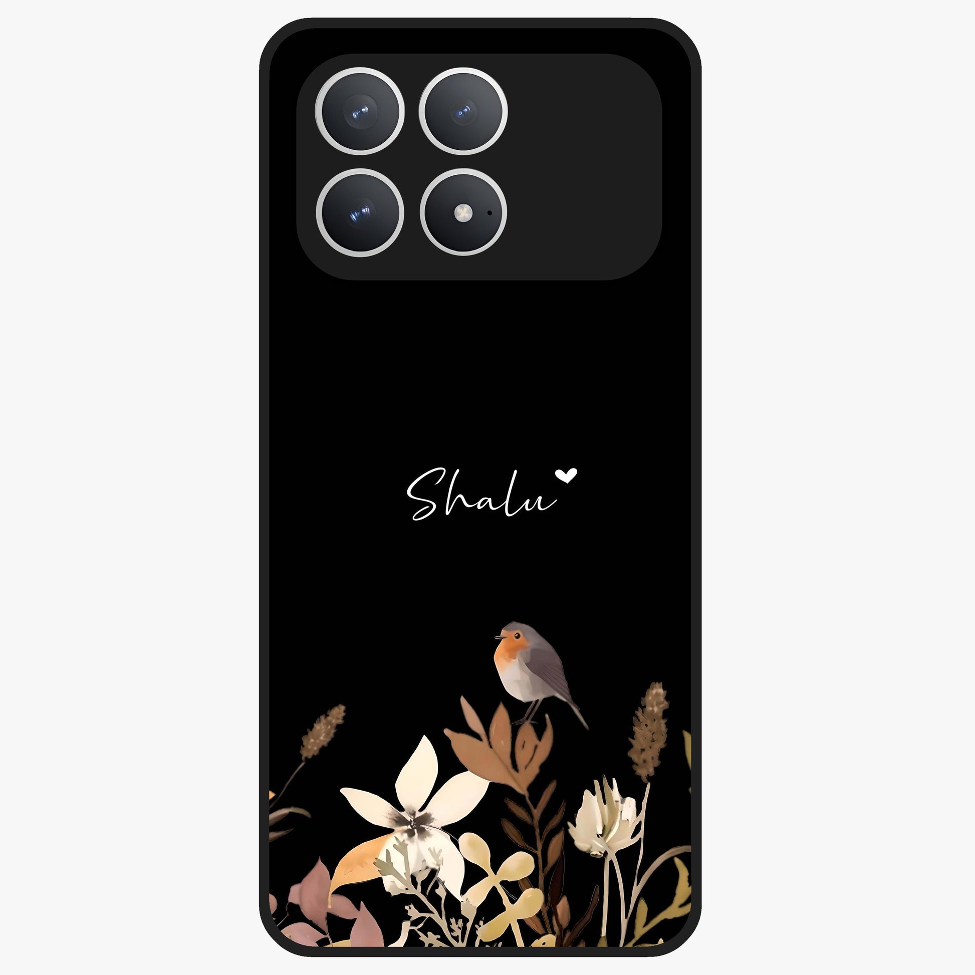 Quiet Garden Tune Custom Name Glass Case showing flat back view with peaceful garden artwork and personalized name design.