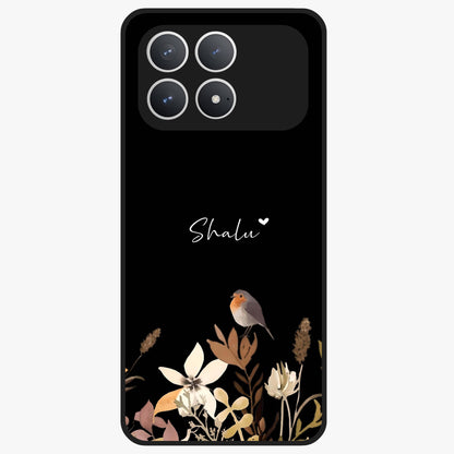 Quiet Garden Tune Custom Name Glass Case showing flat back view with peaceful garden artwork and personalized name design.