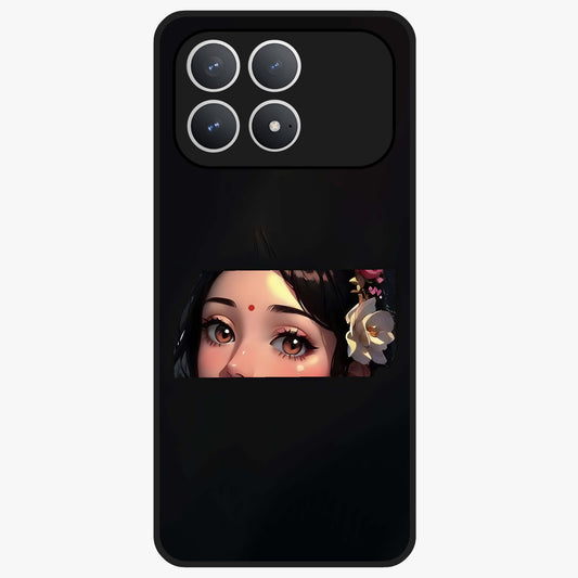 Radha Divine Embrace Glass Case showing flat back view with devotional Radha artwork and glossy glass finish.