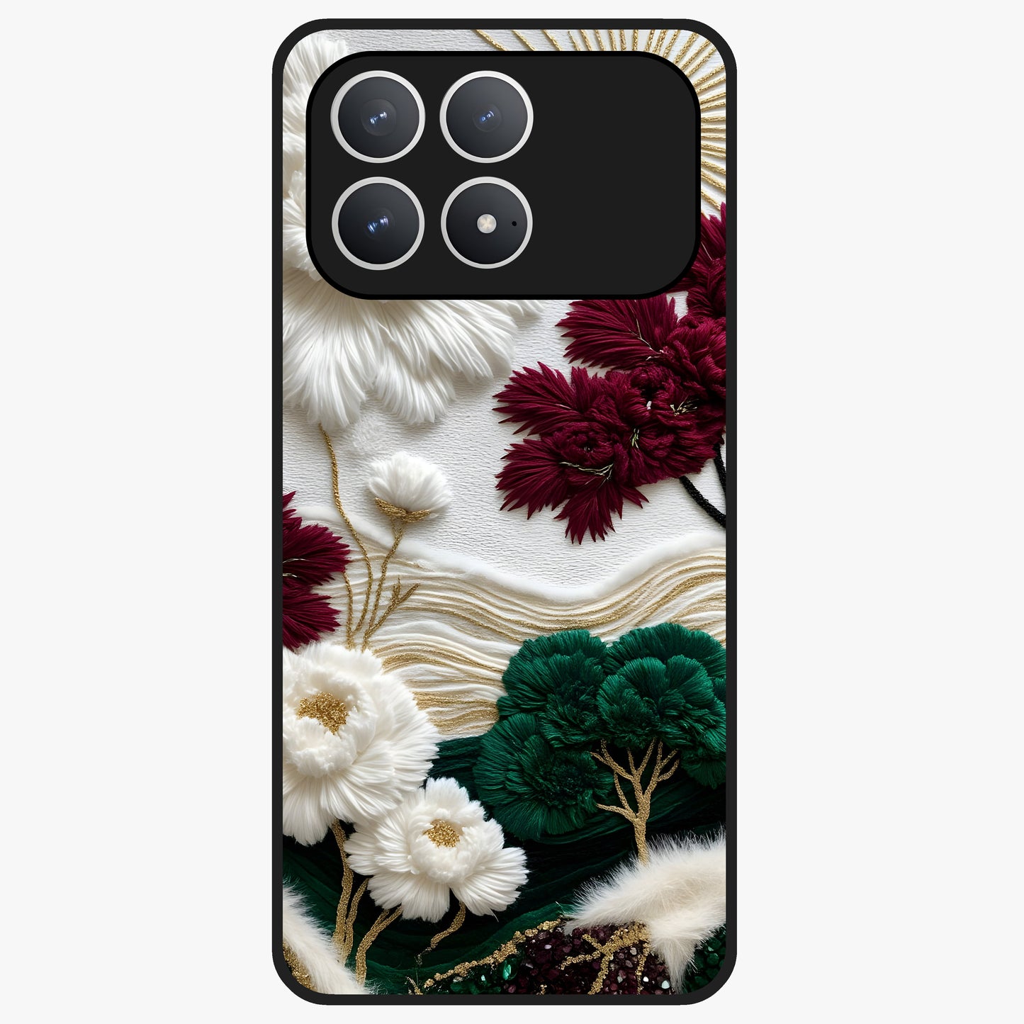 Radiant Bloom Elegance Glass Case showing flat back view with elegant blooming flower artwork and glossy glass finish.