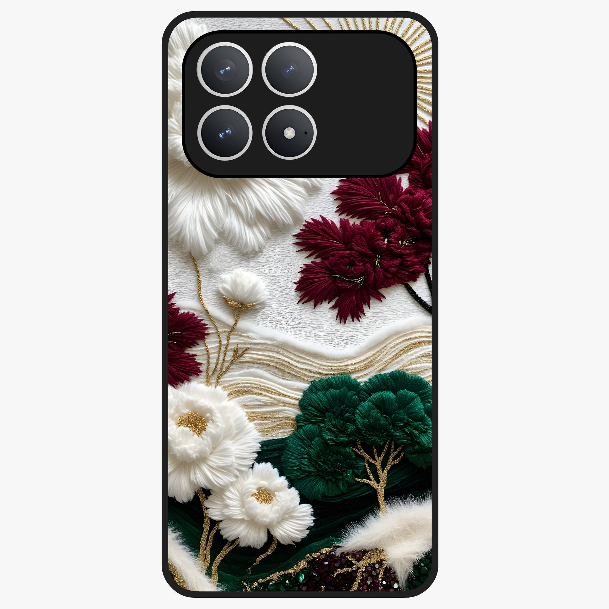 Radiant Bloom Elegance Glass Case showing flat back view with elegant blooming flower artwork and glossy glass finish.