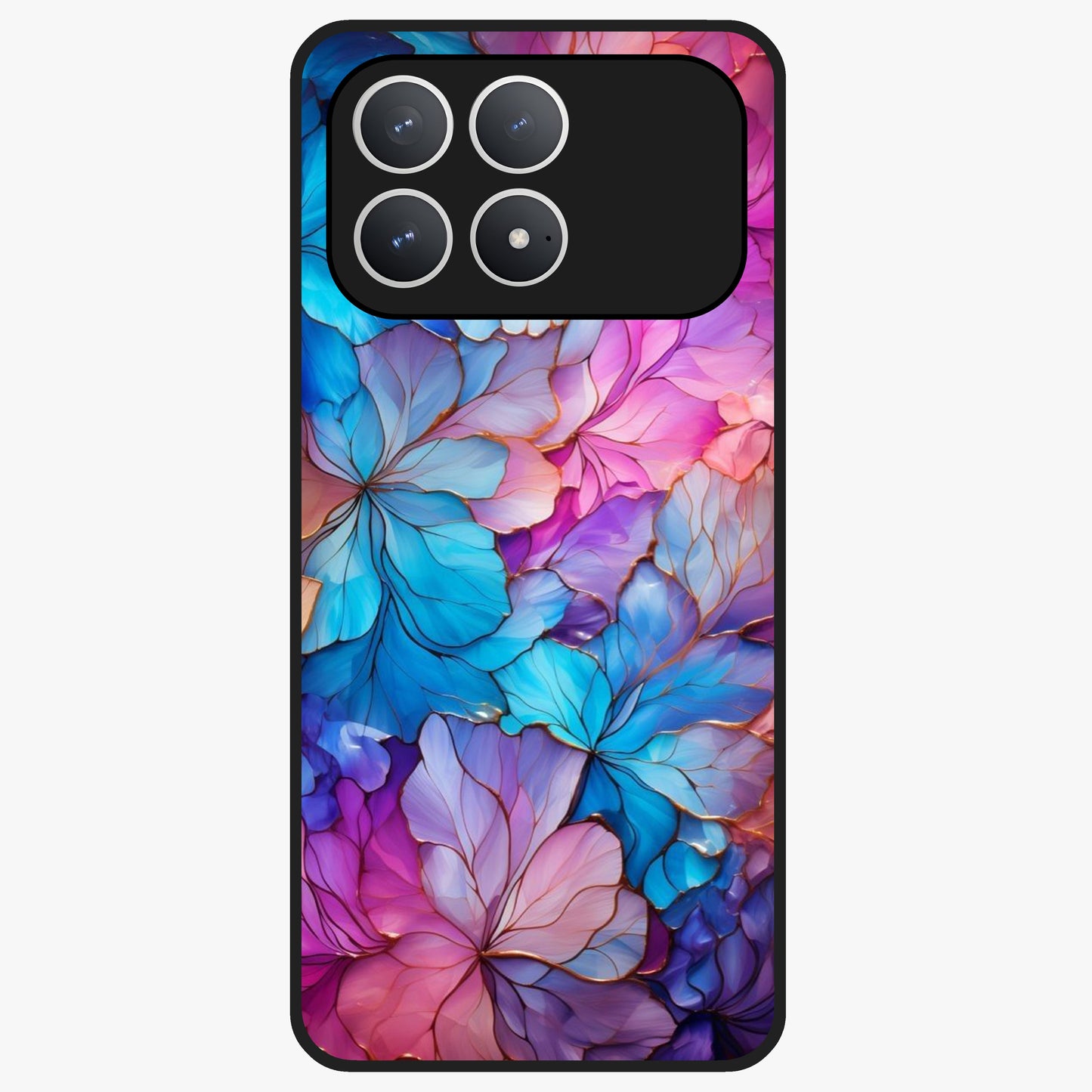 Radiant Floral Whirl Glass Case showing flat back view with swirling floral artwork and glossy glass finish.