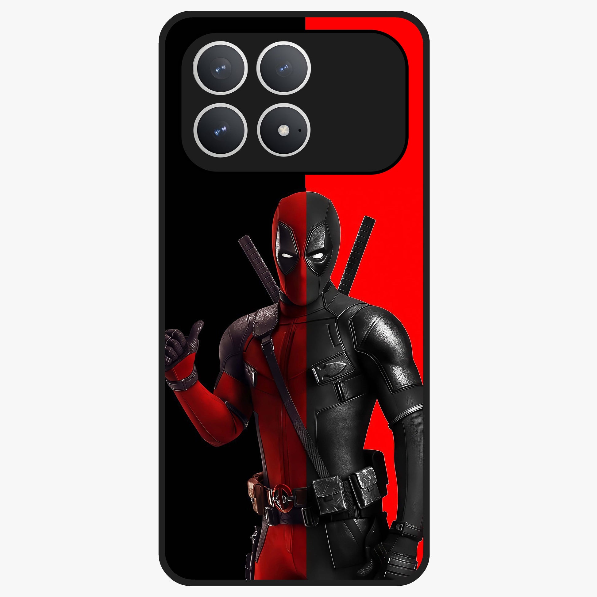 Red & Black Deadpool Theme Glass Case showing flat back view with bold comic inspired artwork and glossy glass finish.