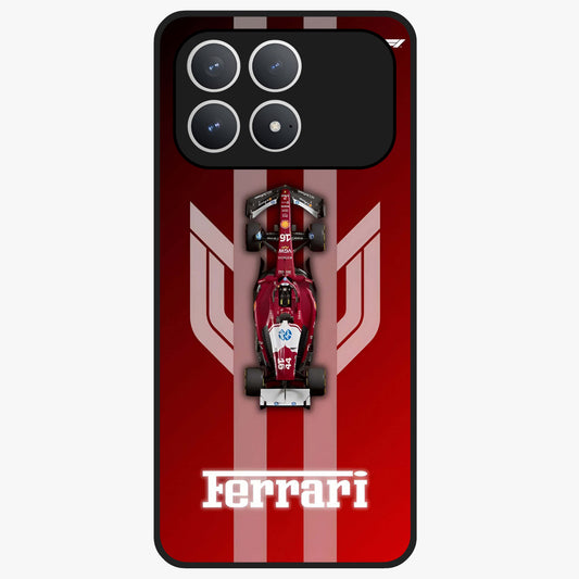 Red Ferrari F1 Vertical Glass Case showing flat back view with sleek Formula racing car artwork and glossy glass finish.