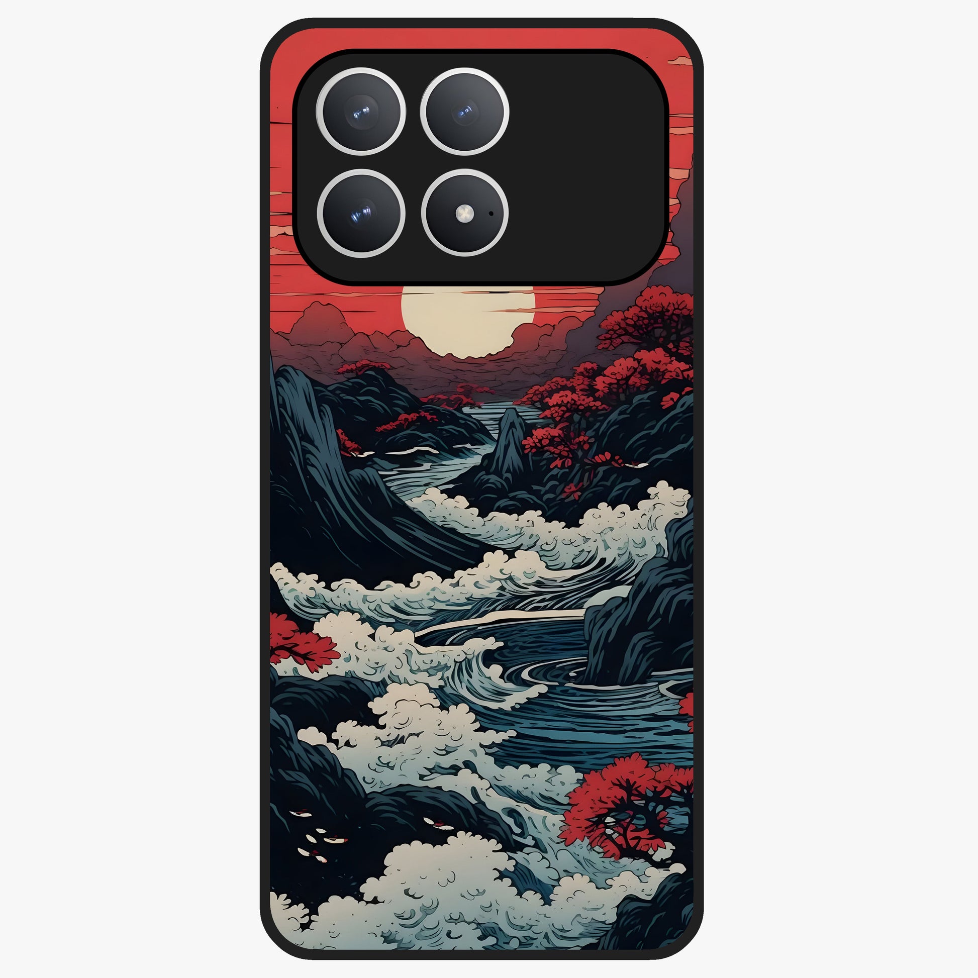 Red Sunset Scenery Glass Case showing flat back view with vibrant sunset landscape artwork and glossy glass finish.