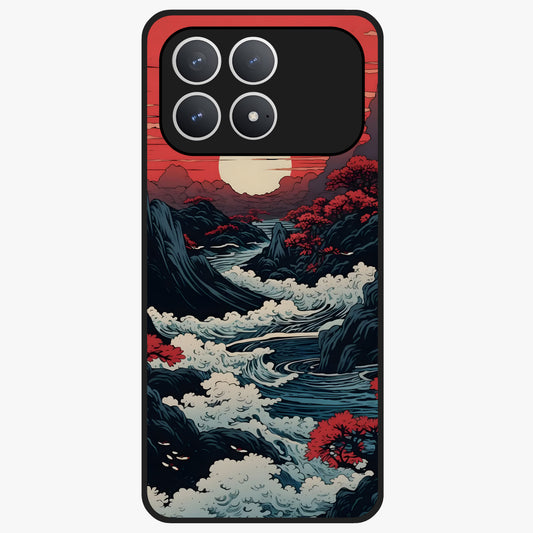 Red Sunset Scenery Glass Case showing flat back view with vibrant sunset landscape artwork and glossy glass finish.