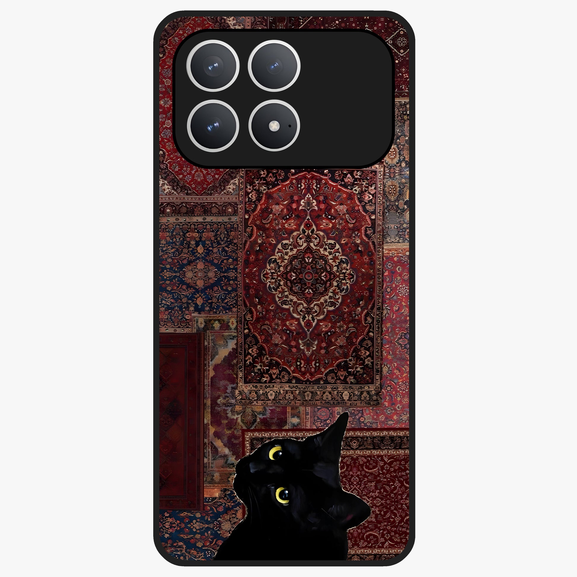 Regal Magic Cat Apple Glass Case showing flat back view with magical cat artwork holding apple and glossy glass finish.