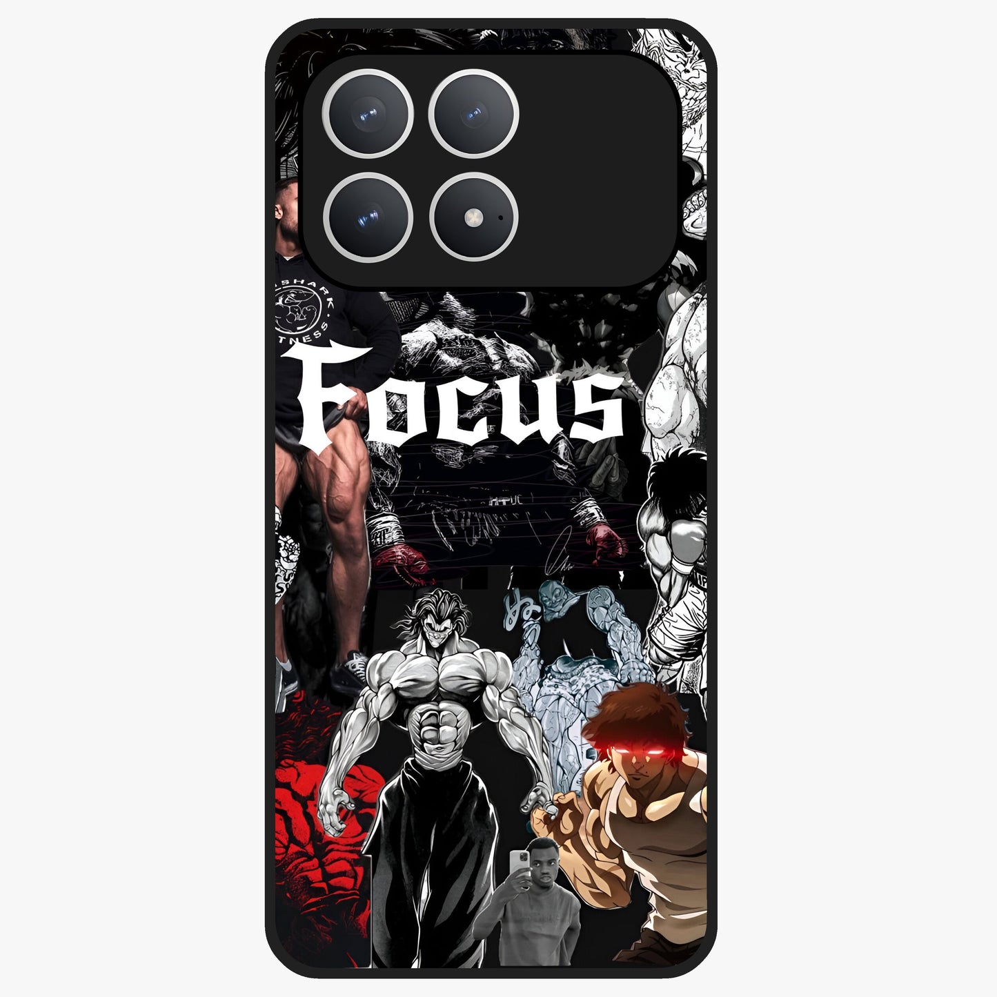 Relentless Power Focus Glass Case showing flat back view with motivational typography artwork and glossy glass finish.