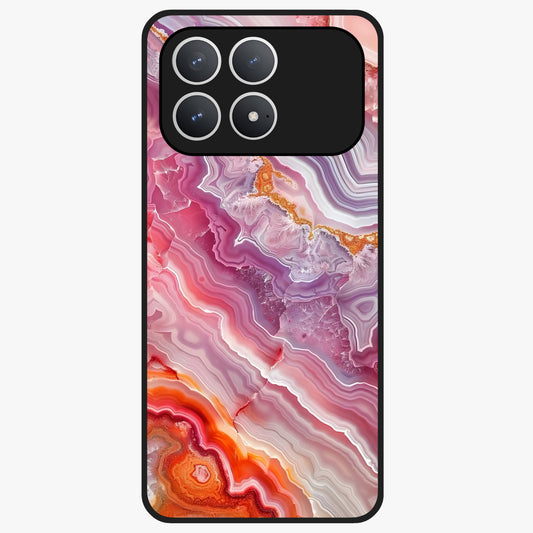 Rose Quartz Marble Glass Case showing flat back view with pink marble quartz texture artwork and glossy glass finish.