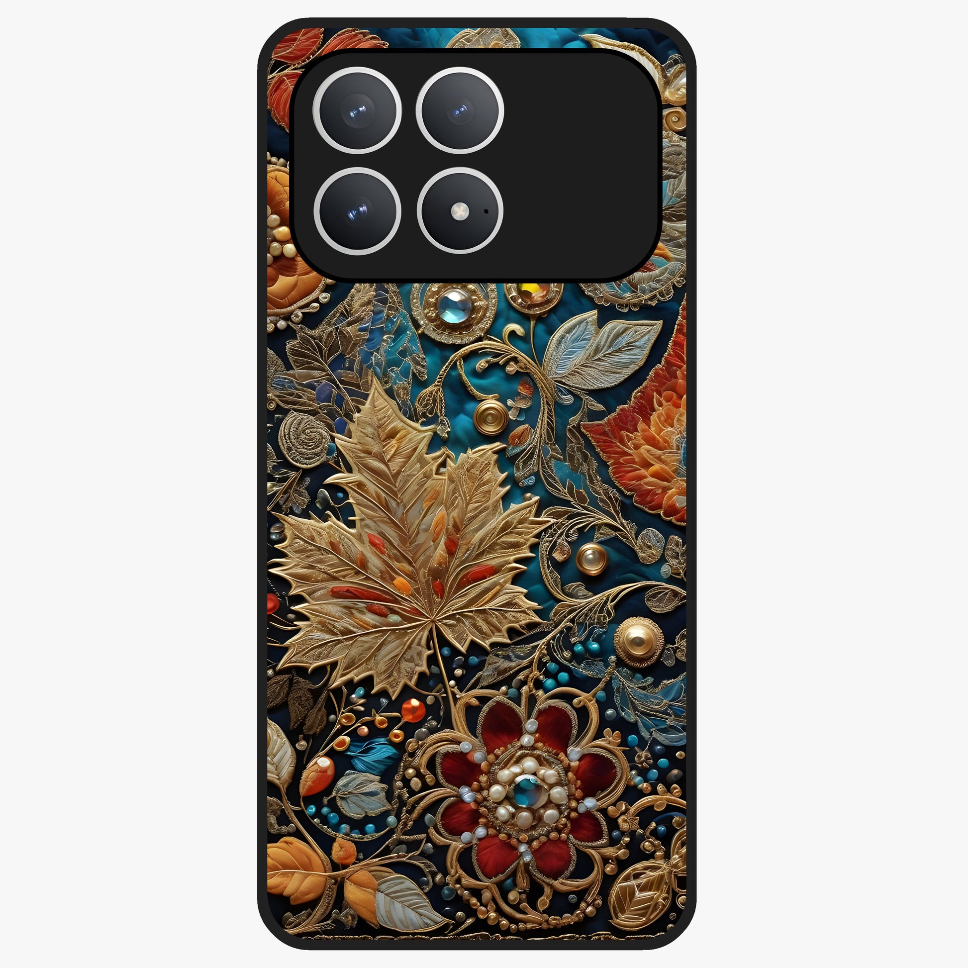 Royal Jewel Garden Glass Case showing flat back view with decorative floral garden artwork and glossy glass finish.
