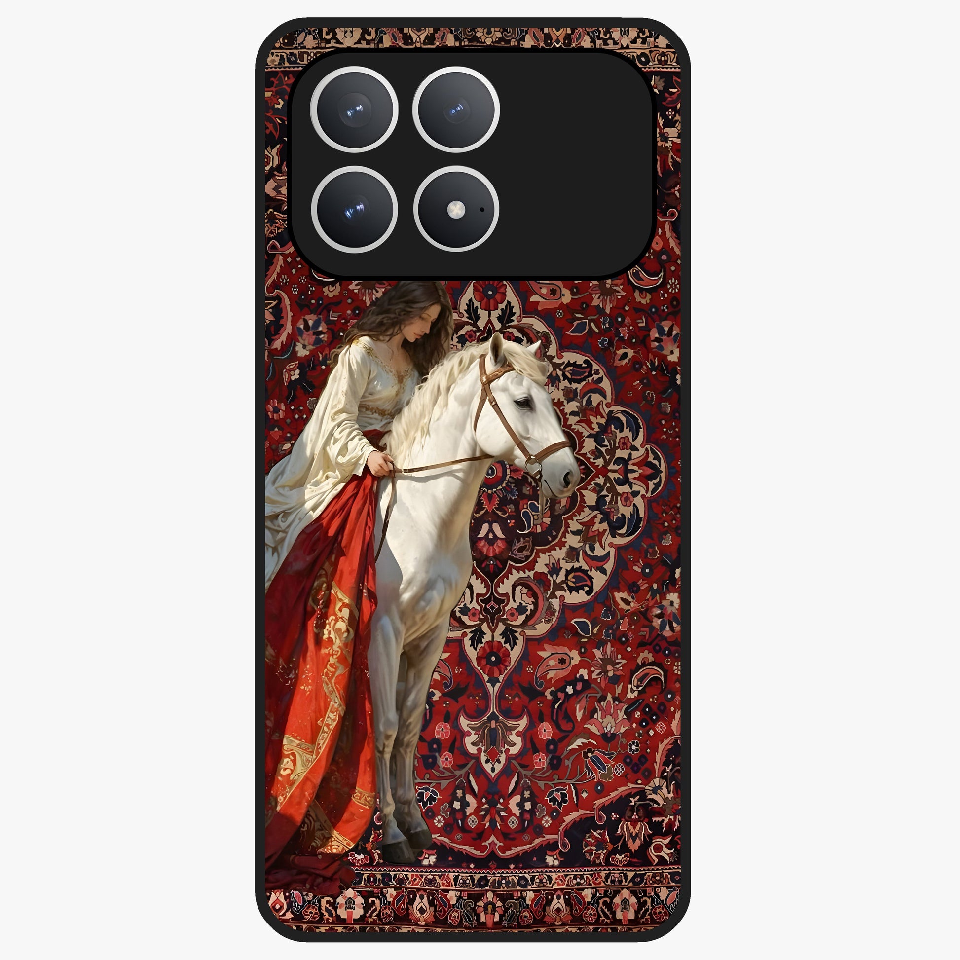 Royal Rider Tapestry Glass Case showing flat back view with majestic horse rider tapestry artwork and glossy glass finish.