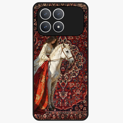 Royal Rider Tapestry Glass Case showing flat back view with majestic horse rider tapestry artwork and glossy glass finish.
