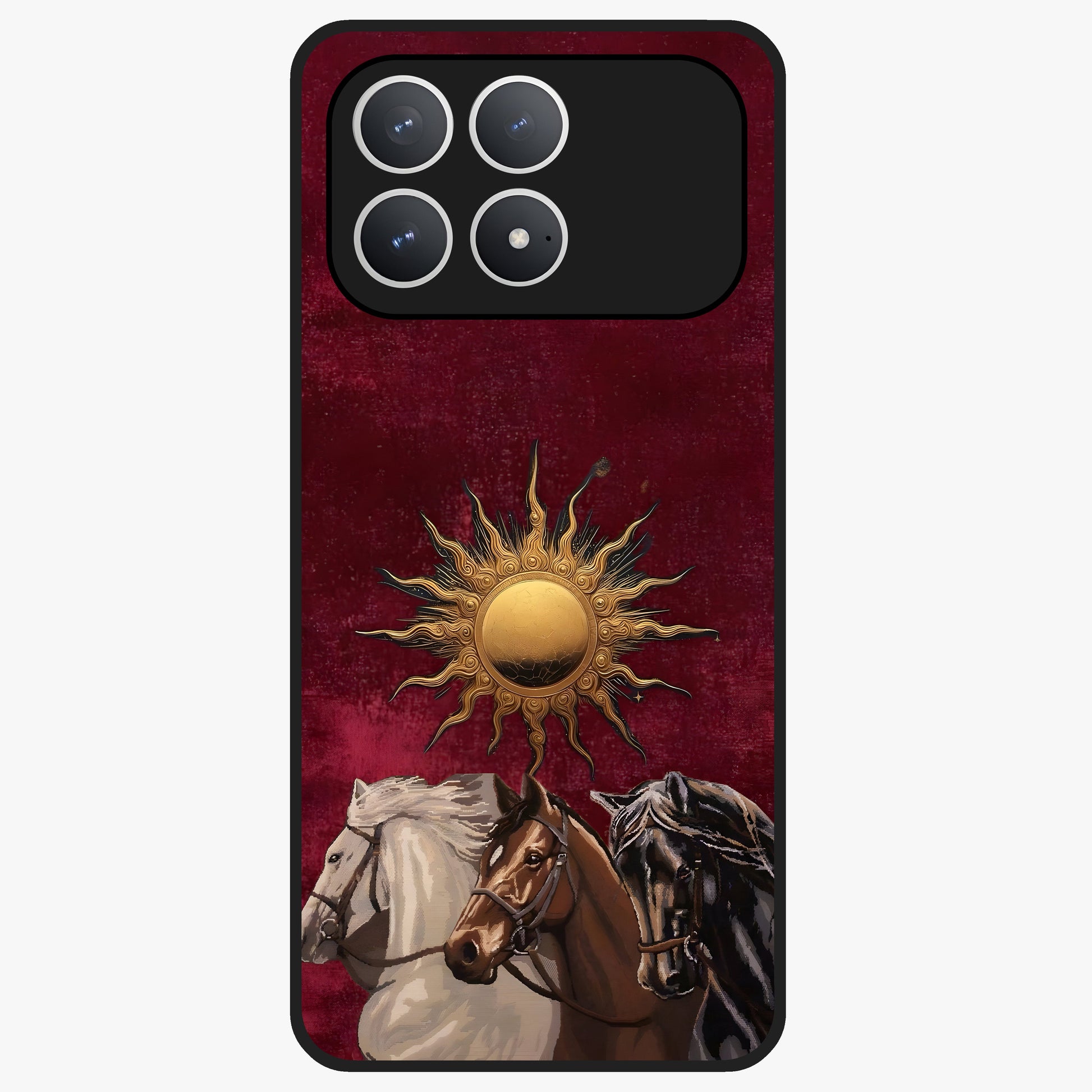 Solar Riders Glass Case showing flat back view with dynamic rider themed artwork and glossy glass finish.
