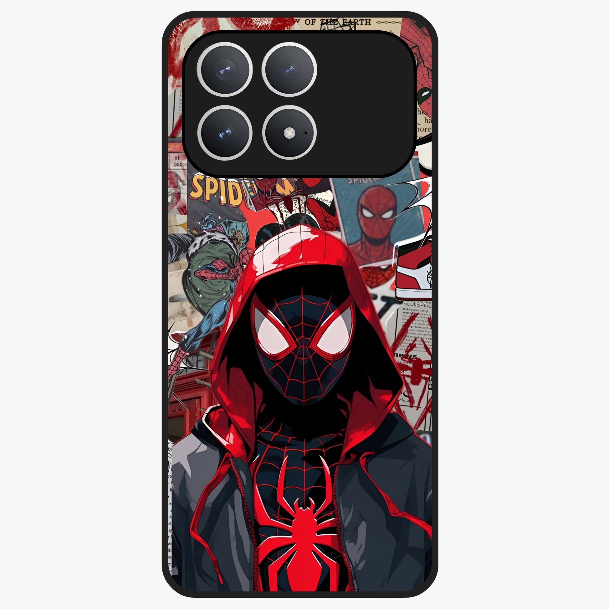 Spider Collage Street Glass Case showing flat back view with vibrant superhero collage artwork and glossy glass finish.