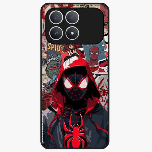 Spider Collage Street Glass Case showing flat back view with vibrant superhero collage artwork and glossy glass finish.