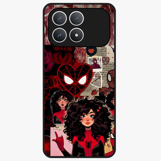 Spider Love Story Glass Case showing flat back view with romantic superhero themed artwork and glossy glass finish.