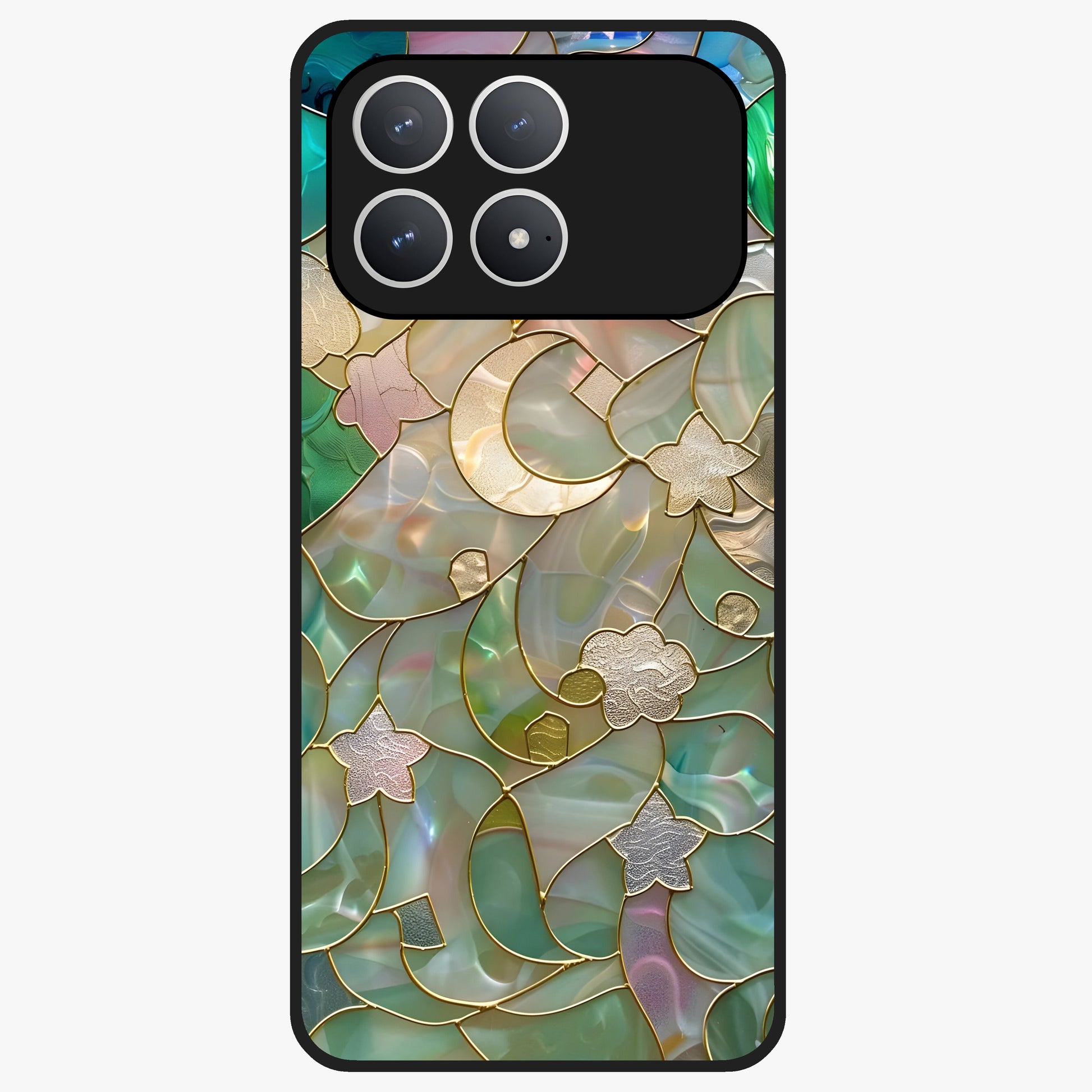 Stained Sunrise Glow Glass Case showing flat back view with glowing sunrise stained pattern artwork and glossy glass finish.