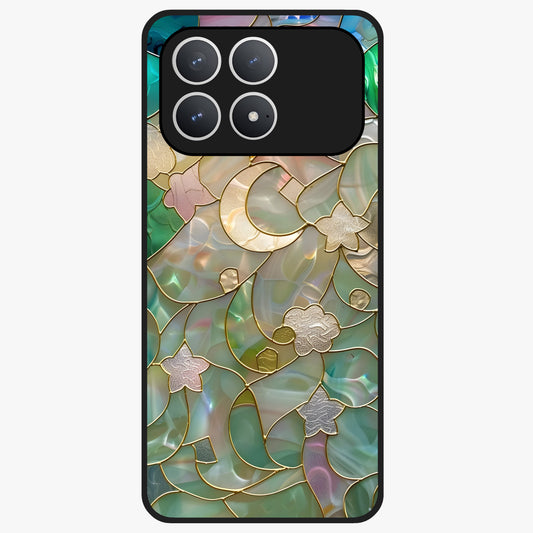 Stained Sunrise Glow Glass Case showing flat back view with glowing sunrise stained pattern artwork and glossy glass finish.