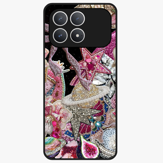 Starlit Jewel Dream Glass Case showing flat back view with sparkling jewel and star themed artwork and glossy glass finish.