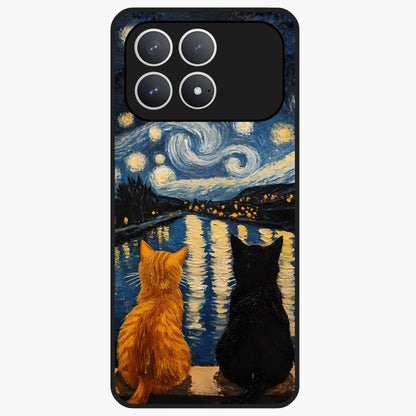 Starry River Cats Glass Case showing flat back view with cats by a starry river artwork and glossy glass finish.