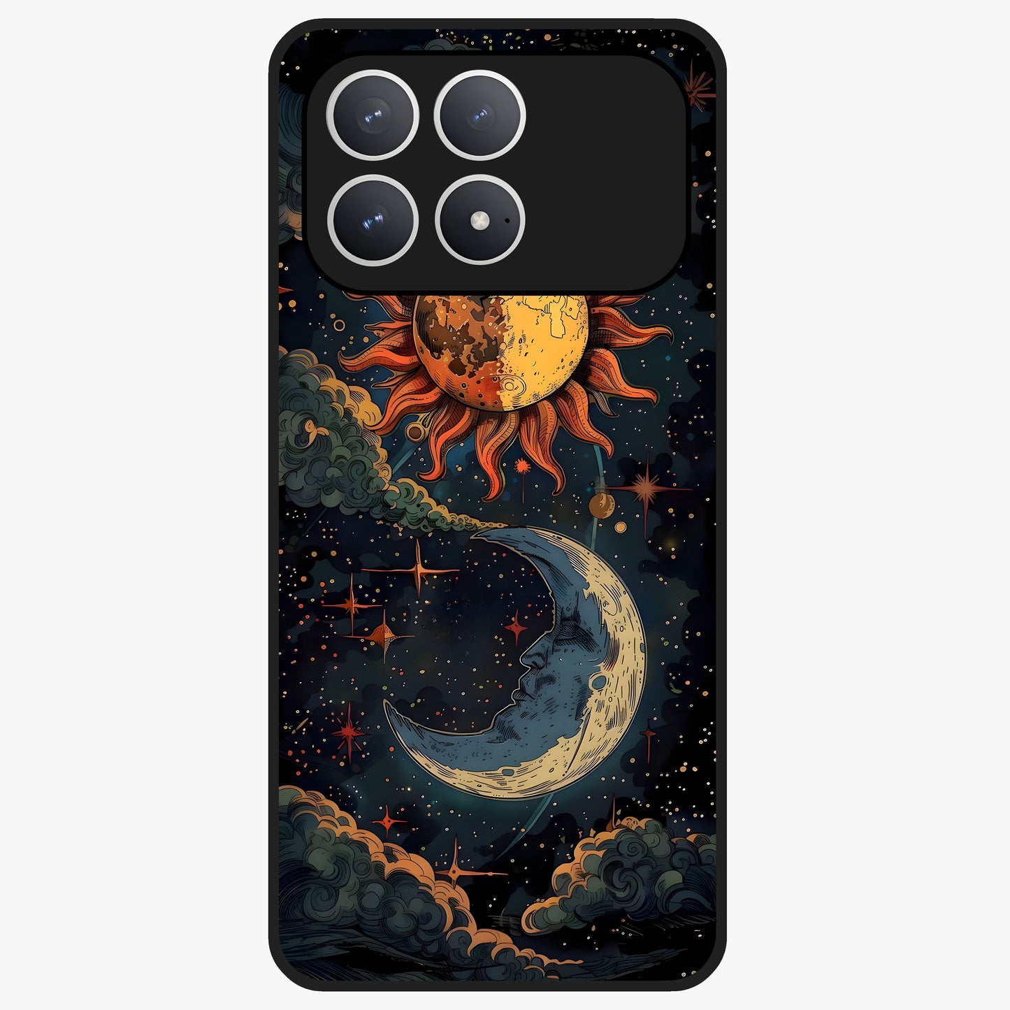 Sun And Moon Magic Design Glass Case showing flat back view with mystical sun and moon artwork and glossy glass finish.