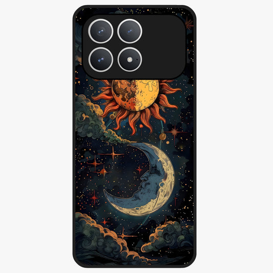 Sun And Moon Magic Design Glass Case showing flat back view with mystical sun and moon artwork and glossy glass finish.