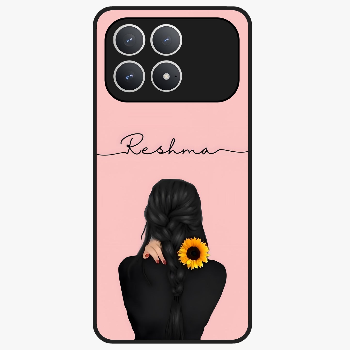 Sunflower Braid Beauty With Custom Name Glass Case showing flat back view with sunflower braid artwork and personalized name design.