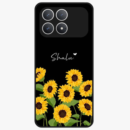 Sunflower Chic Mood Custom Name Glass Case showing flat back view with stylish sunflower artwork and personalized name design.