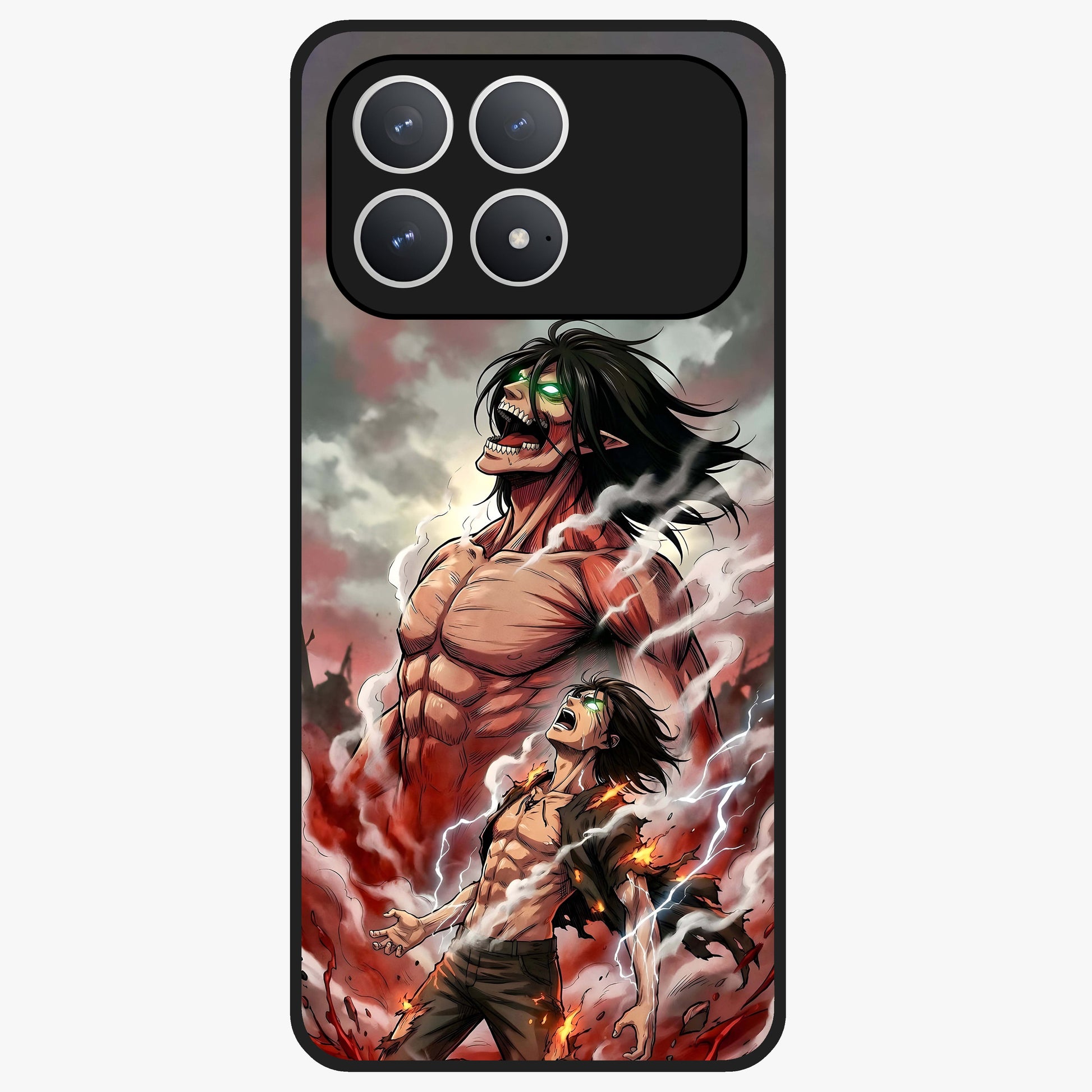 Titan Awakening Fury Glass Case showing flat back view with powerful titan inspired artwork and glossy glass finish.