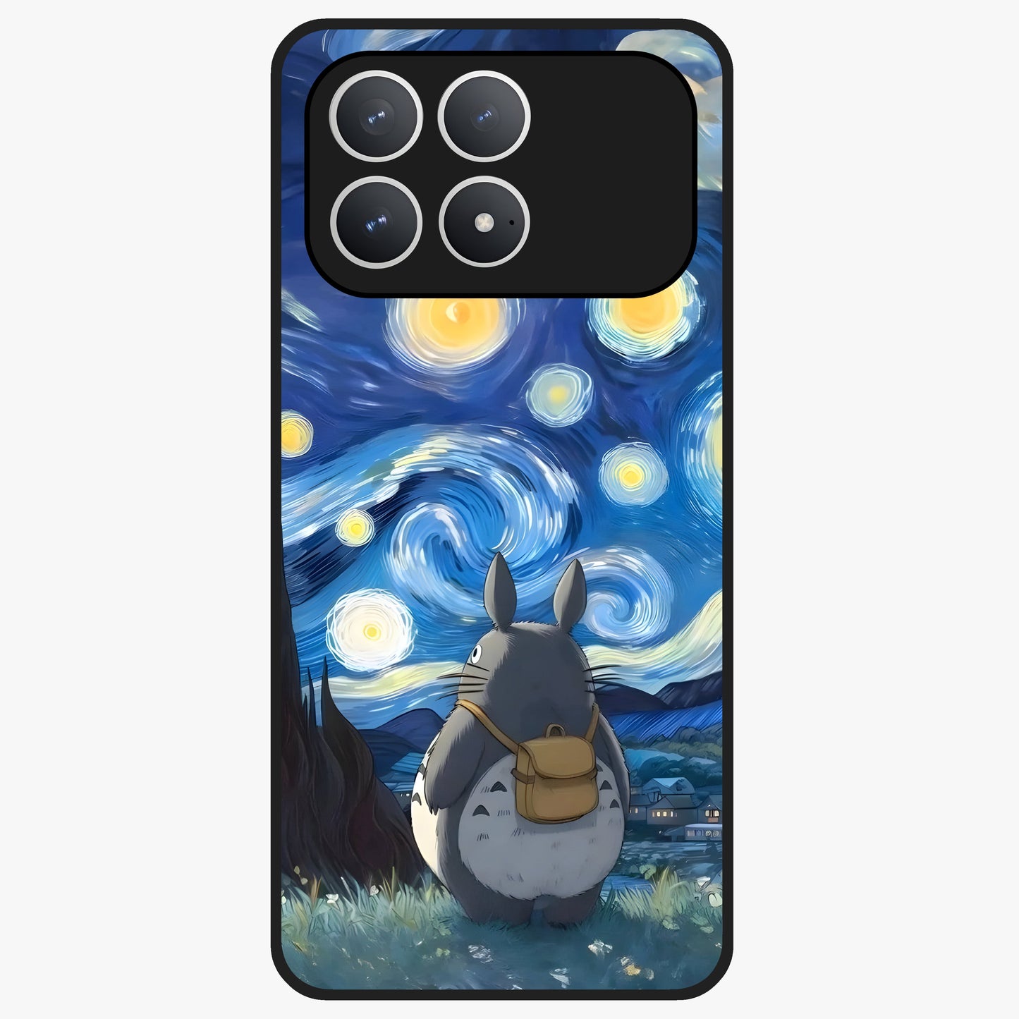 Totoro In Van Gogh Art Glass Case showing flat back view with whimsical character artwork inspired by Van Gogh style and glossy glass finish.