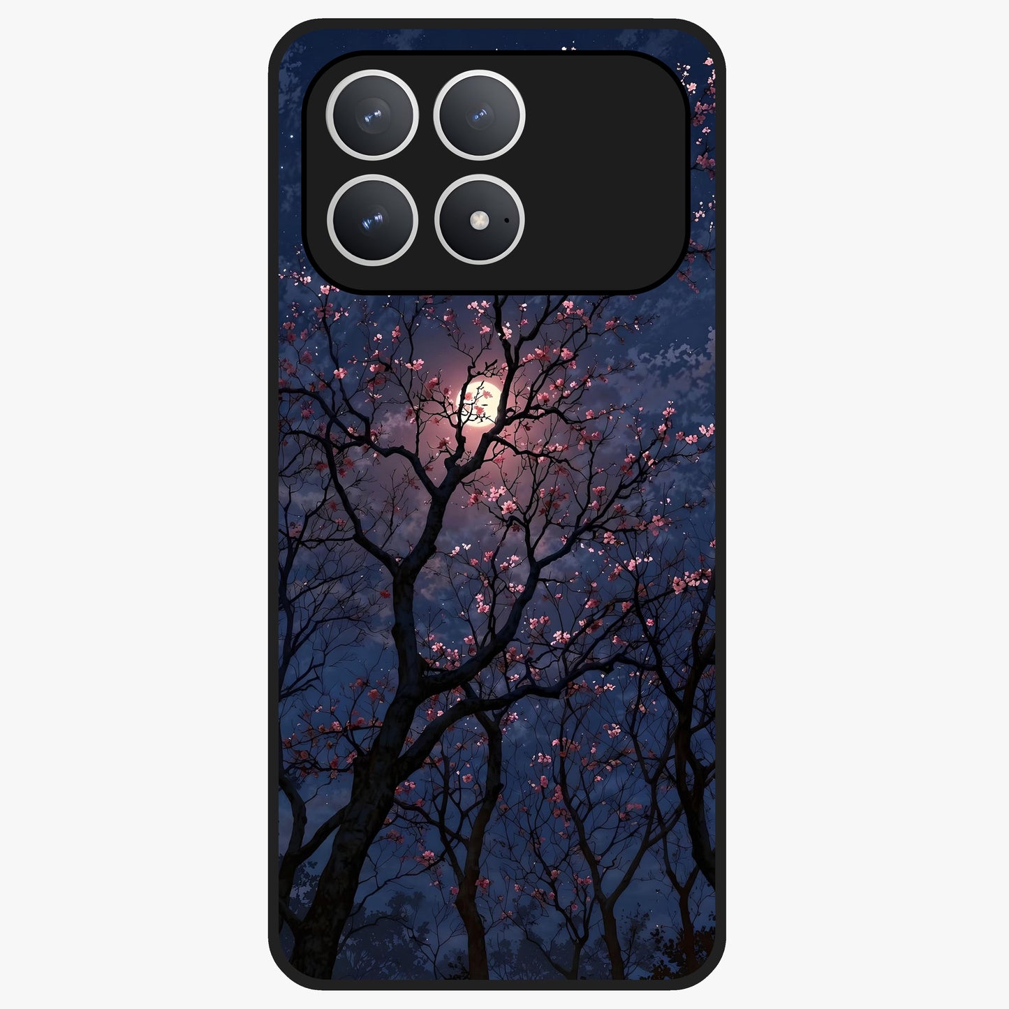 Twilight Sakura Serenade Glass Case showing flat back view with cherry blossom artwork at twilight and glossy glass finish.
